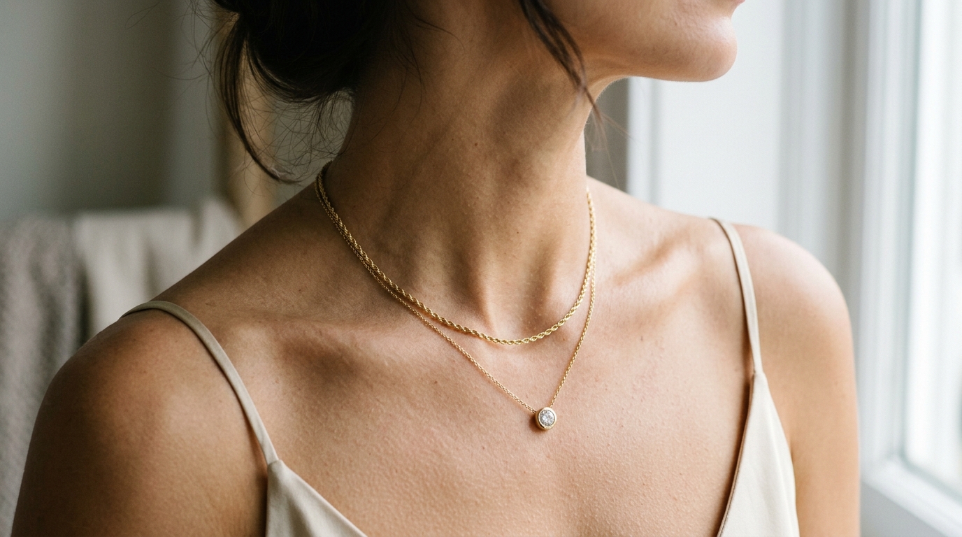 Comparison of a 16 inch gold chain resting on the collarbone and an 18 inch necklace with pendant on a woman's neckline