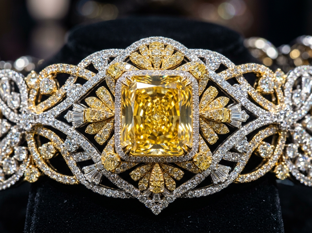 Close-up of the Jacob & Co. 50 million dollar Fantasy Bra yellow diamond centerpiece and gold mesh