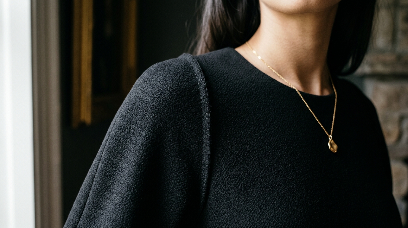 Close-up of luxury black dress showing double-faced wool crepe texture and gold necklace