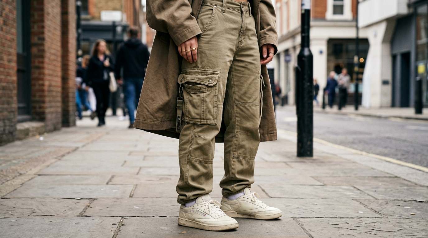 Close-up of relaxed khaki cargo jeans with utility pockets and retro sneakers