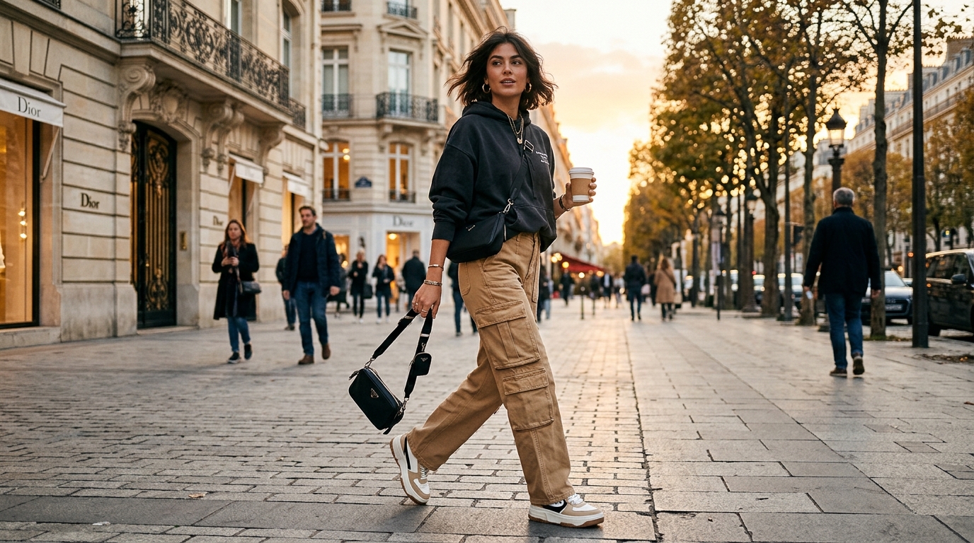 Chic woman wearing high-waisted tan cargo jeans and heavyweight hoodie in Paris